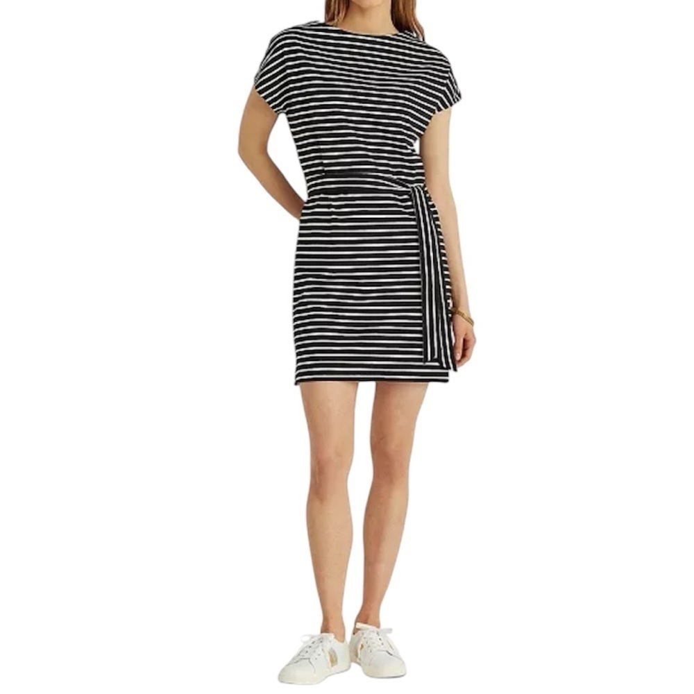Sold Ralph Lauren | Black & White Stripe Belted T-shirt Dress Size Large Petite